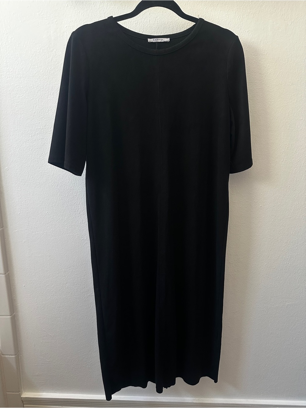 ZARA Simple Black Midi T-Shirt Dress Faux Suede